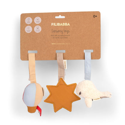 Senzorne igračke za bebe 3 kom "Pospani avanturisti" - Mini Bambini